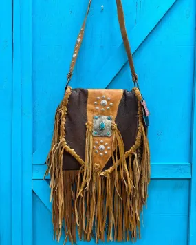 American Darling Genuine Leather Fringe Faux Turquoise Buckle Crossbody Bag ADBGM470
