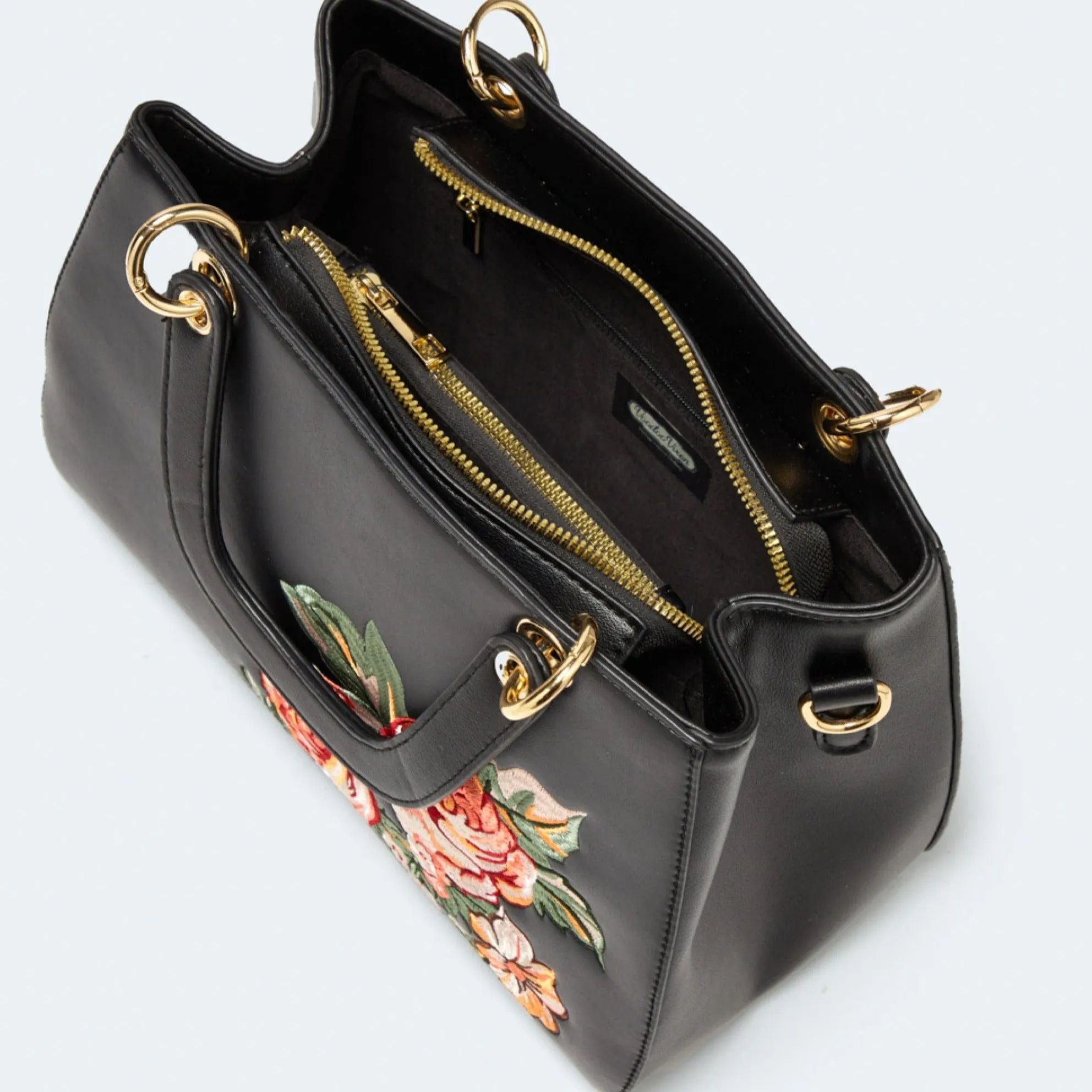 Black Vintage Pink Coral Floral Embroidered Day Bag