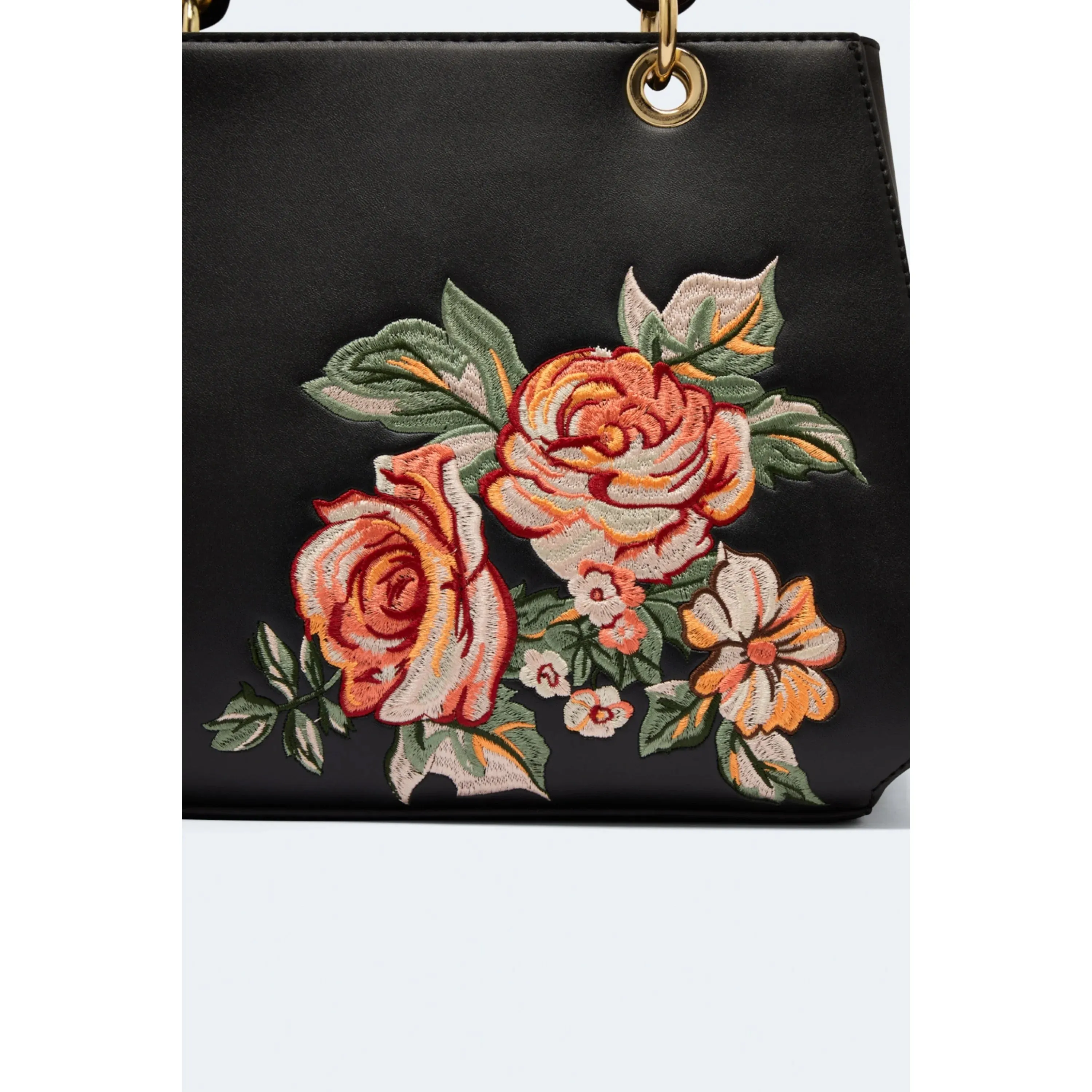 Black Vintage Pink Coral Floral Embroidered Day Bag
