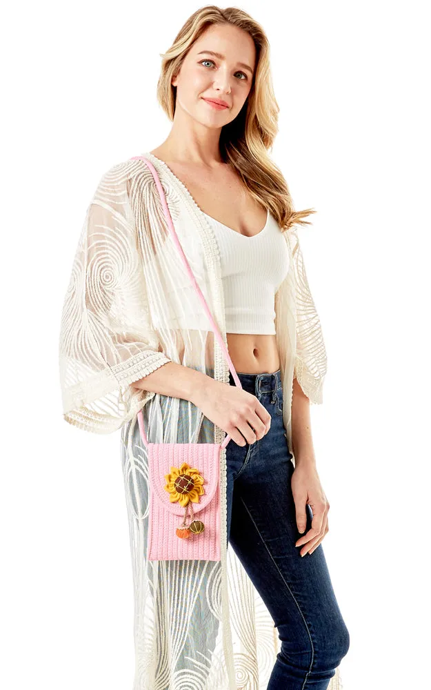 LOA378 Sunflower Patch Accent Mini Straw Crossbody Bag