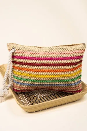 Rope Handle Striped Crochet Pouch